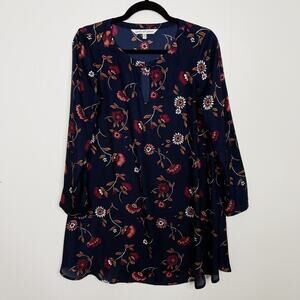 Cupcakes and Cashmere Floral Hazel Long Sleeve Keyhole Neck Dress XSmall Blue XS